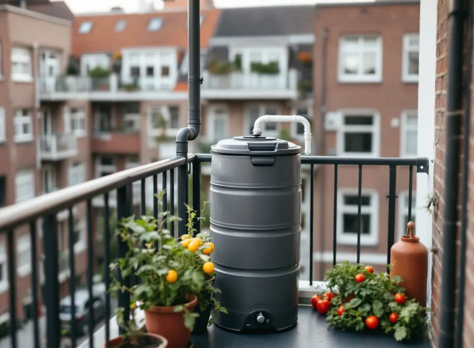 Een smalle grijze regenton op het balkon van een appartement, aangesloten op de korte regenpijp van het balkon erboven, met tomatenplanten in potten ernaast