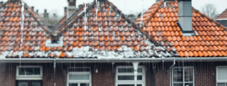 Natte oranje dakpannen van een rij bakstenen huizen in de regen, met water dat van de dakrand en de goot naar beneden loopt