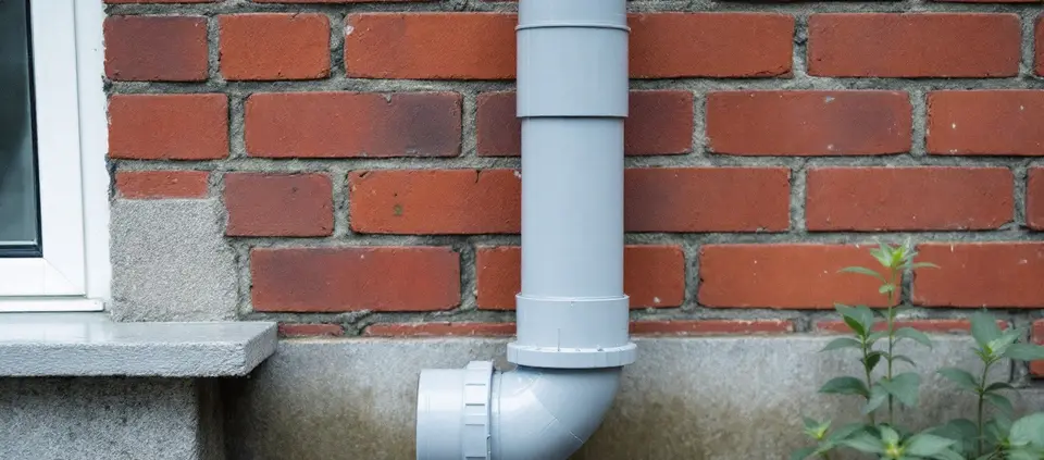 De onderkant van een grijze pvc-regenpijp tegen een rode bakstenen muur, die vlak boven de plint eindigt in een bocht met een open mof