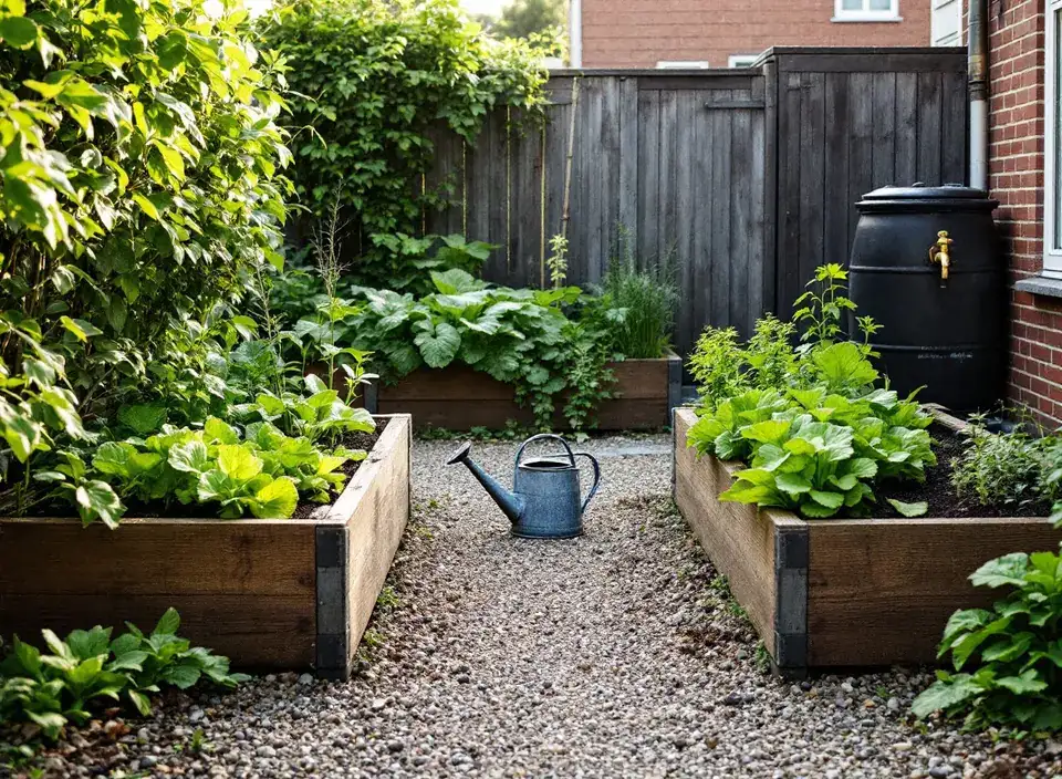Houten moestuinbakken met sla en kruiden in een achtertuin, een zinken gieter op het grindpad en een zwarte regenton met kraantje bij de schuur