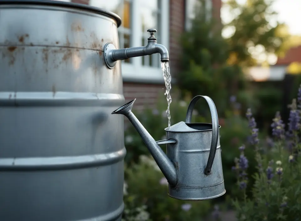 Een zinken gieter onder het kraantje van een metalen regenton, met een dun straaltje water en lavendel in de border ernaast