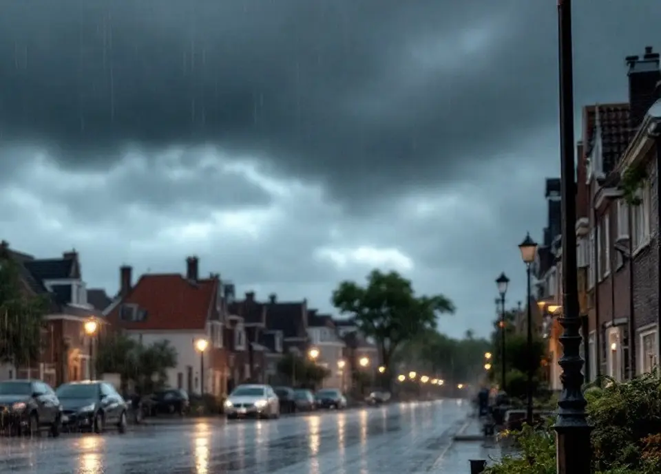 Een woonstraat met bakstenen huizen tijdens een zware regenbui onder een donkere lucht, met natte klinkers en brandende lantaarns