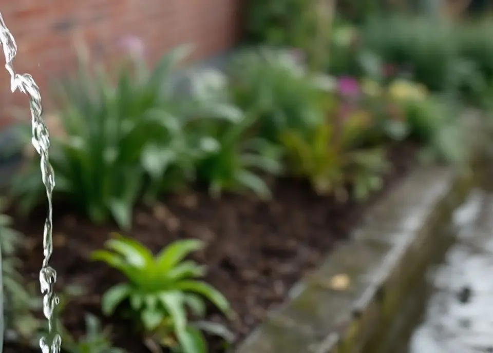 Een straal regenwater die in een border met vaste planten valt, naast een stenen rand en een nat pad langs een bakstenen gevel