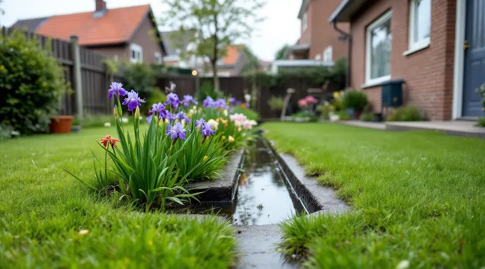 Een smal stenen gootje door het gazon van een achtertuin, met regenwater erin, irissen ernaast en rijtjeshuizen op de achtergrond
