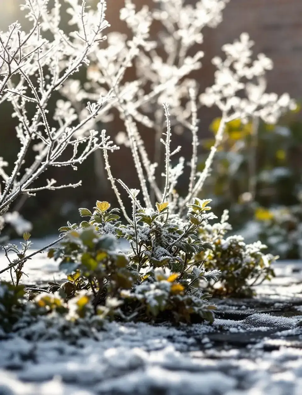 Berijpte struiken en tegels in een achtertuin op een koude winterochtend, met laag zonlicht tegen een bakstenen muur